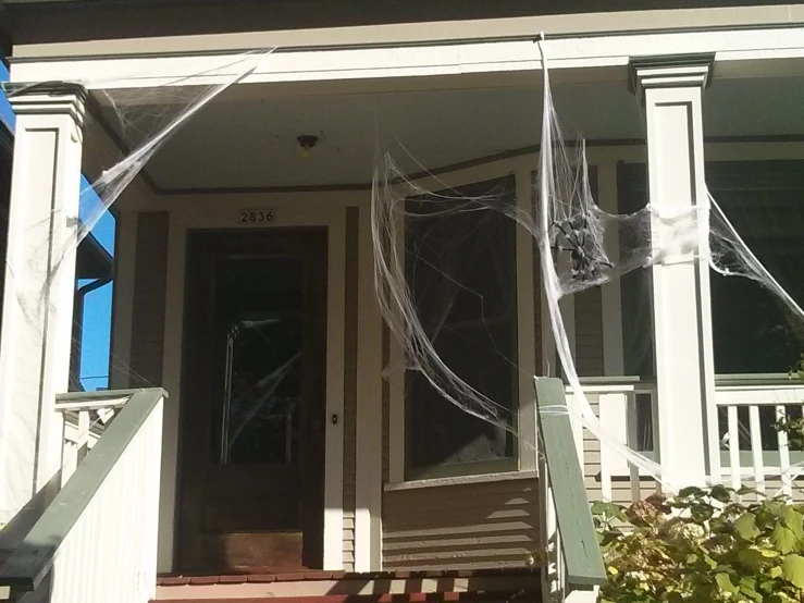 a spider web attached to the front door of a house