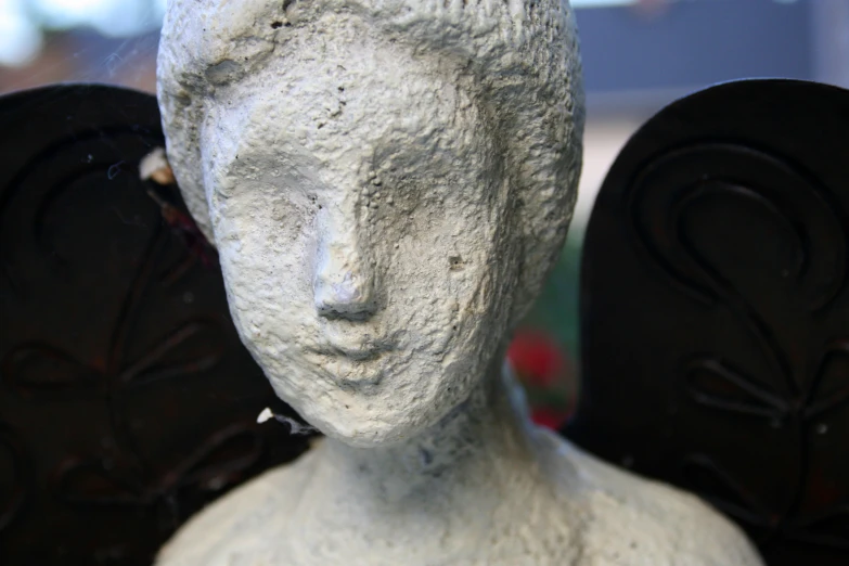 closeup of a statue head with the back of a woman's face covered with shaving stone