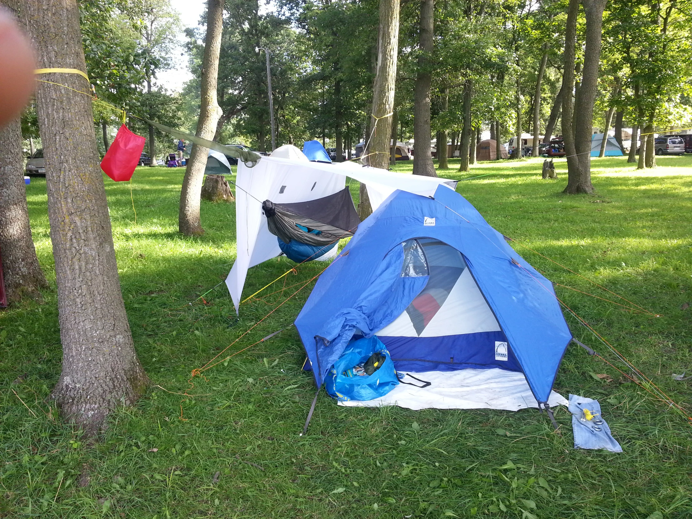 a tent pitched up against the tree in a park