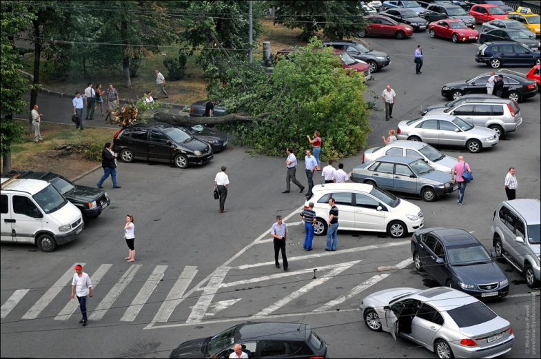 people crossing a parking lot while others are walking about