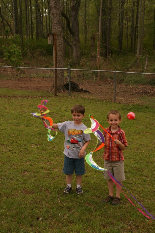 two s standing in grass holding colorful kites