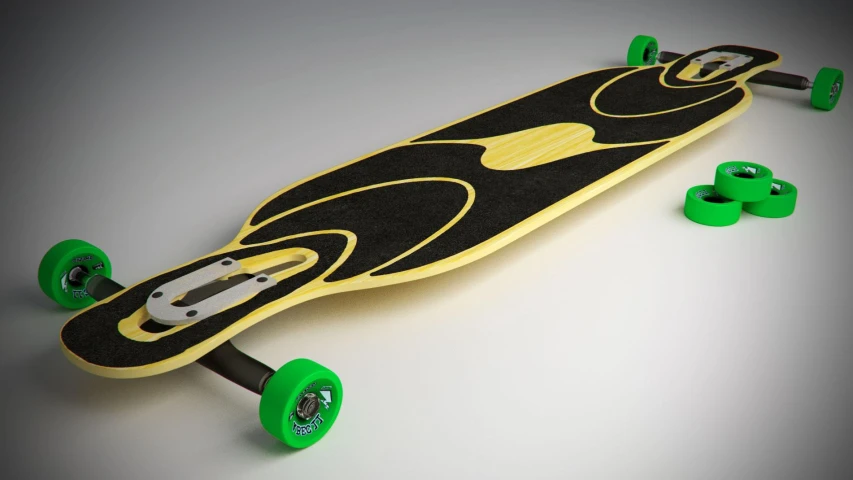 a skateboard has four green wheels and a black and yellow design