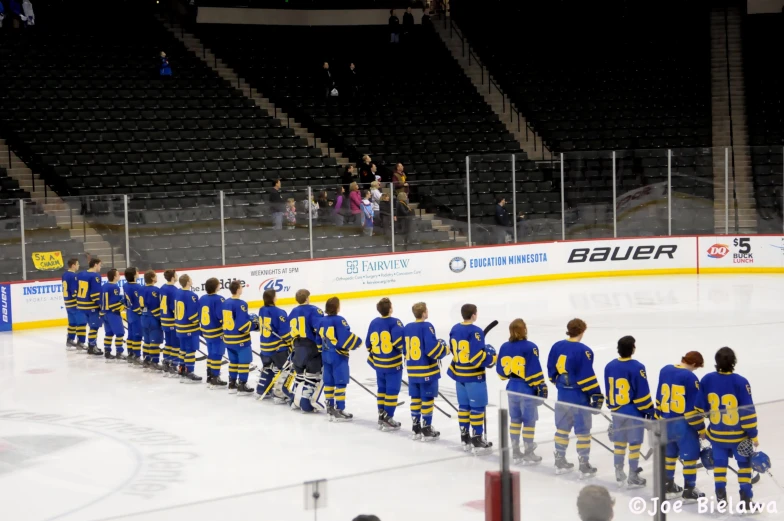 a group of people standing on a hockey rink