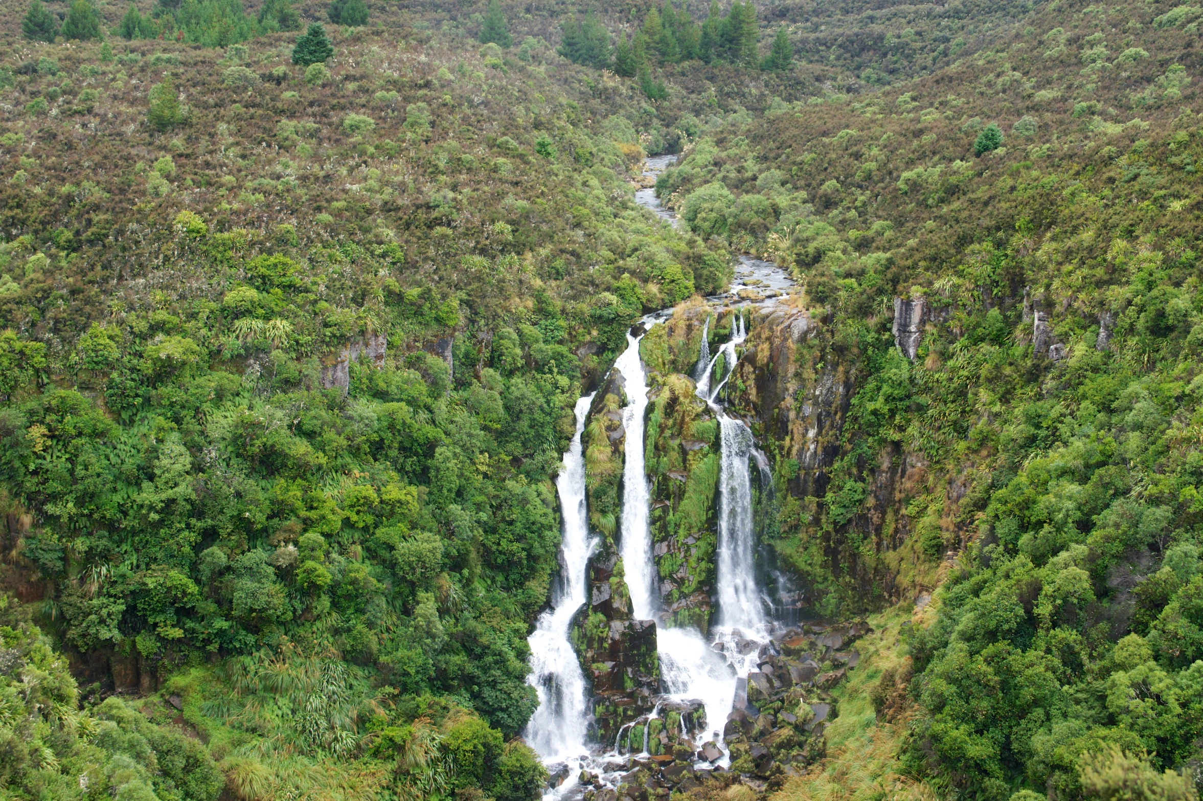 a waterfall with a group of people and animals in the middle of it