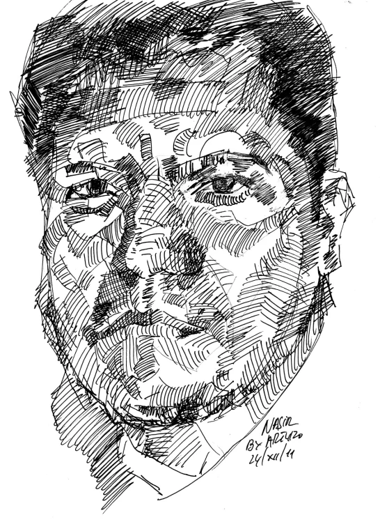 an ink drawing of the head of a man