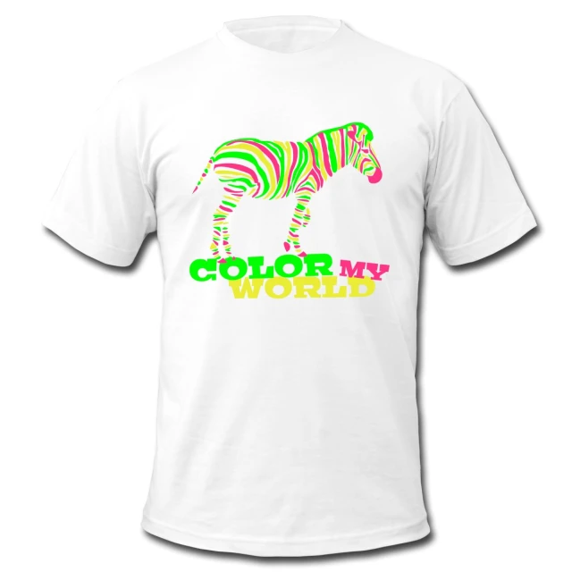 an adult male ze in white t - shirt saying, color my world