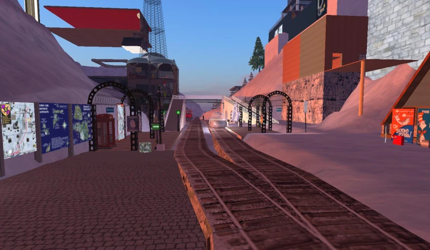 an animated city scene with tracks through a street