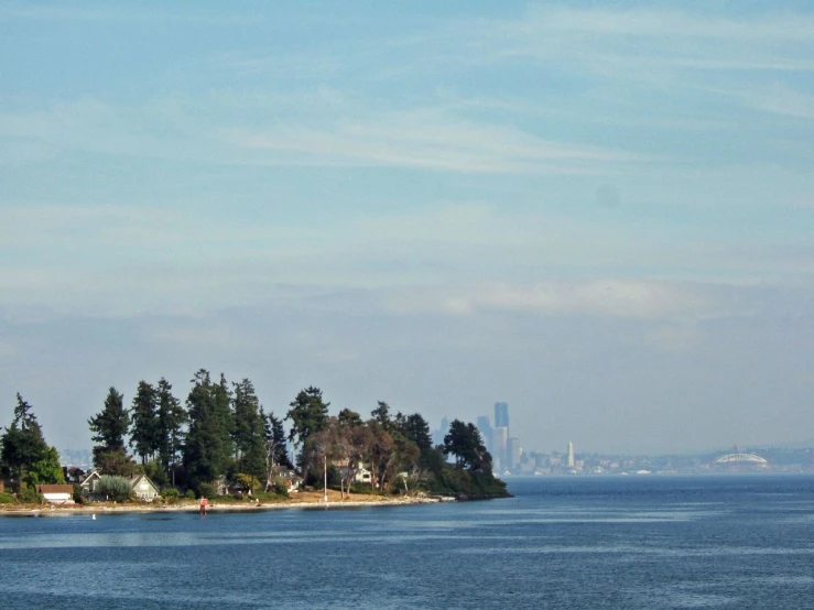 an island surrounded by trees with the city in the background