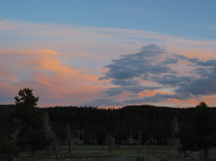 the sunset sky and clouds are reflecting off of trees