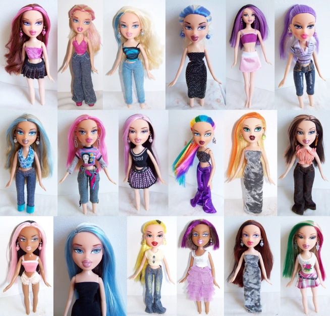 a group of nine barbie dolls all different hairs