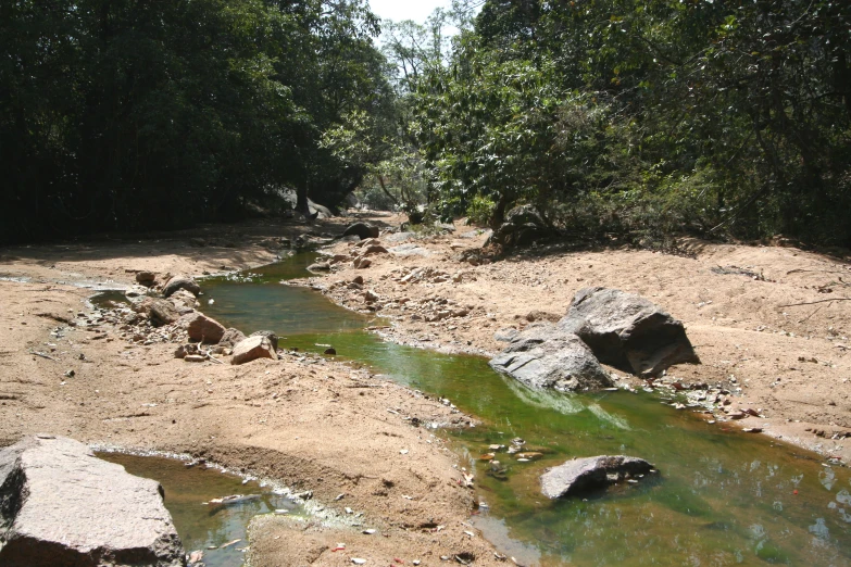 a river running through the center of rocks near a forest