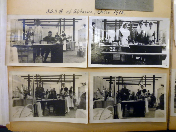 a bunch of old black and white pographs with men in aprons and ties