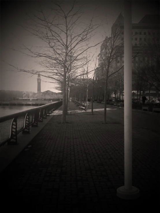 trees, walkway, water and lamp posts line a city park