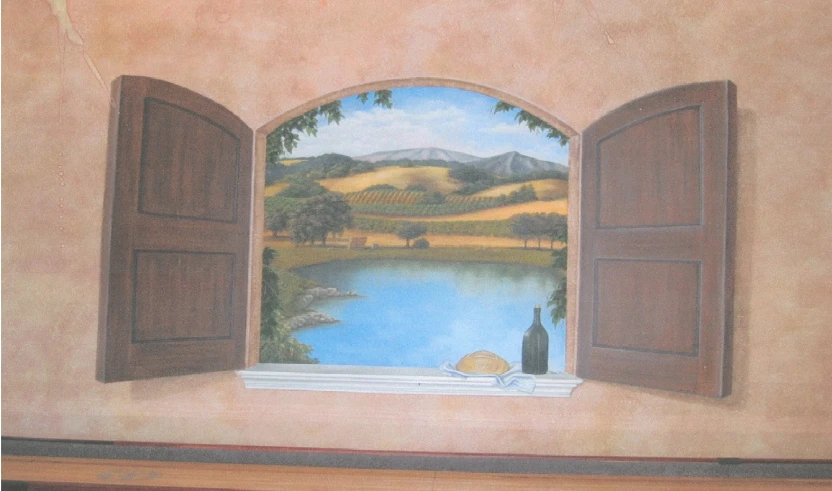 a painting of a lake and a window