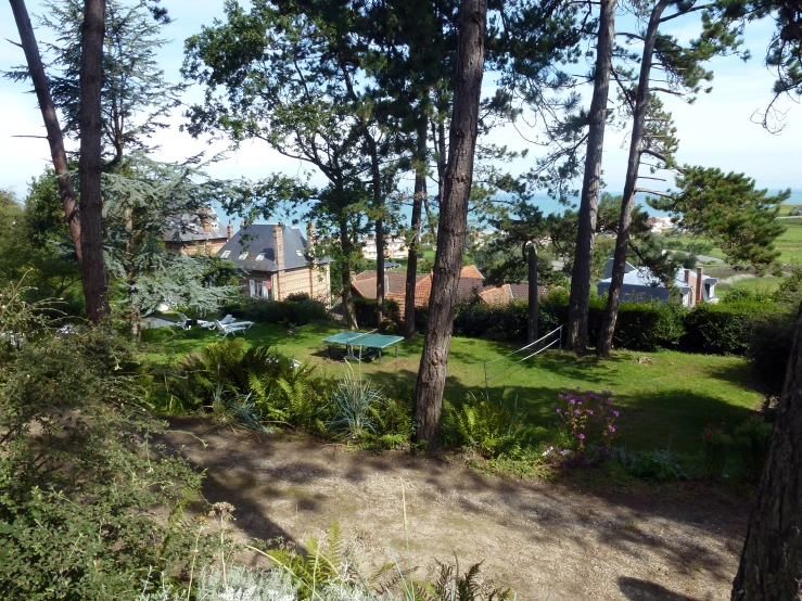 a home in the woods next to a sandy path