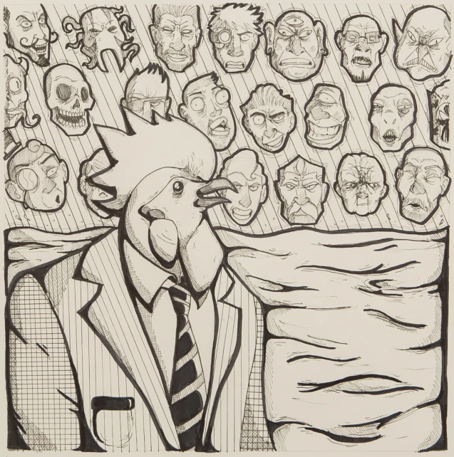 an illustration is drawn in black and white and features people wearing masks