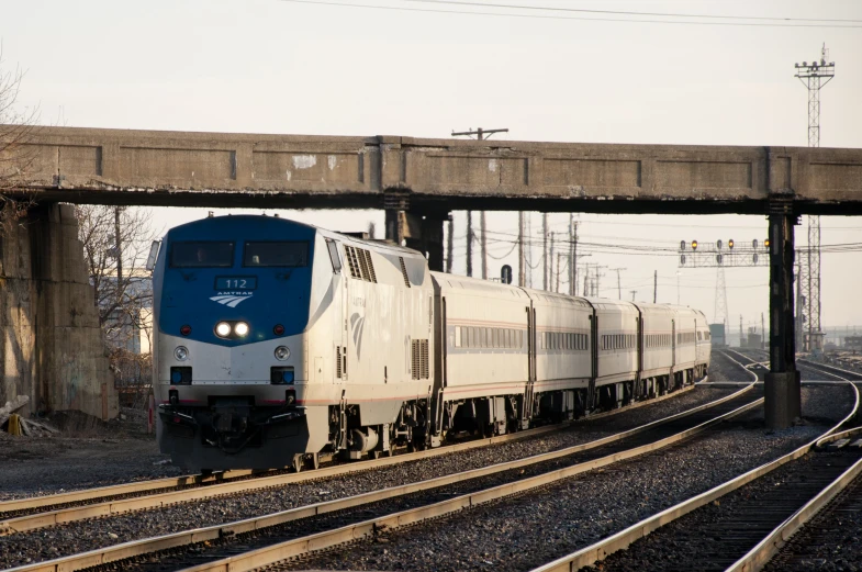 a train on tracks with a bridge above it