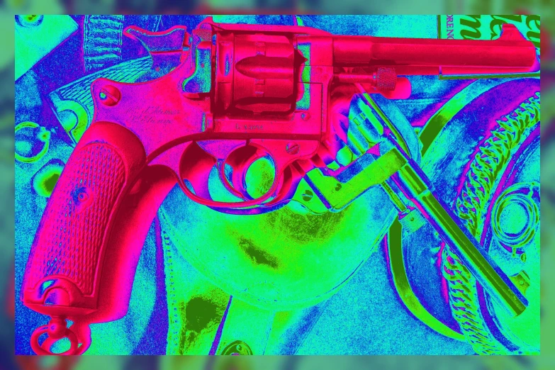 the digital image shows a revolver, a bicycle, and a piece of luggage