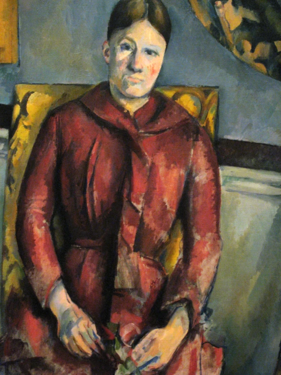 a painting of a woman wearing a red coat sitting down