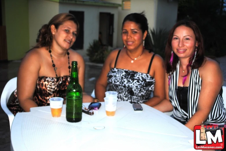 three women sitting at a table holding beer and cell phone