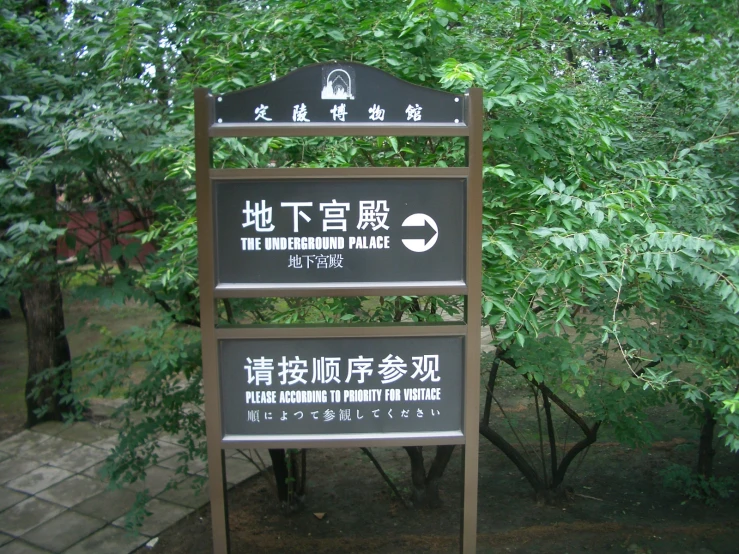 three signage on a metal pole with trees in the background