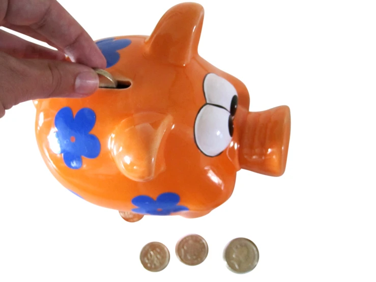 a hand placing money in a piggy bank