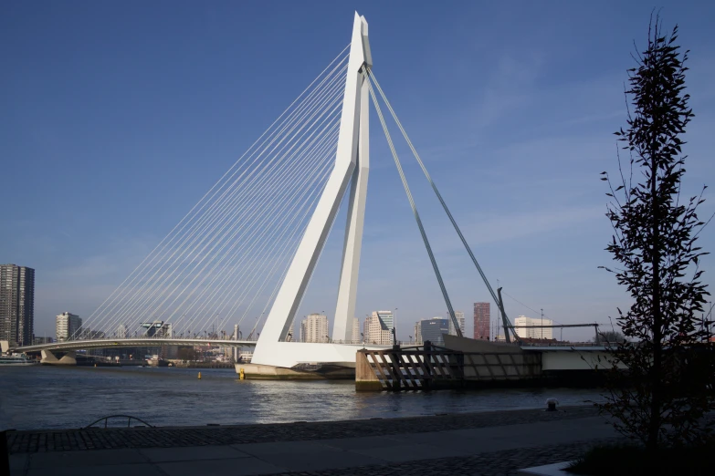 the bridge is very large and tall with wire lines above it