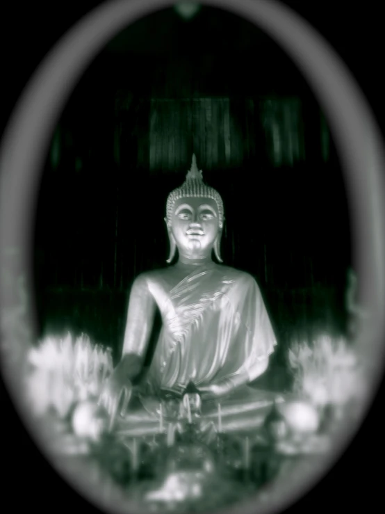 a buddha statue sitting in the middle of a forest