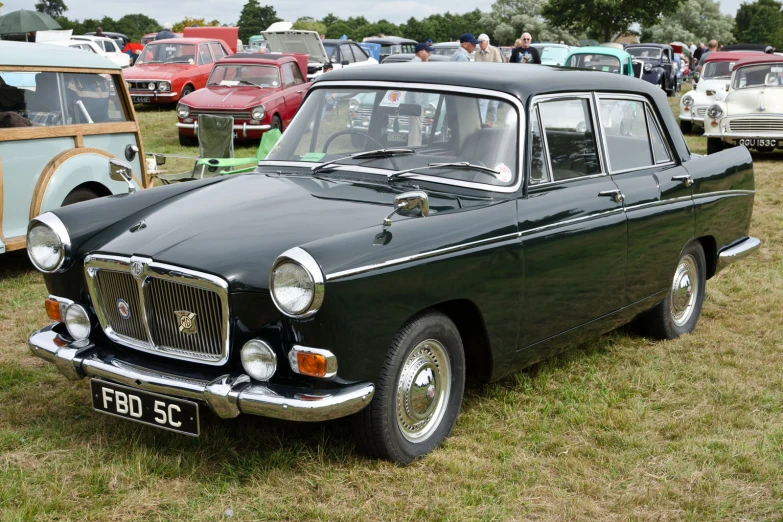 the antique black car is parked on the grass