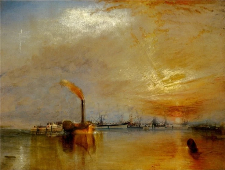 a painting showing boats on the water near a city