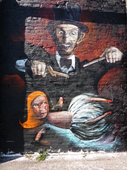 mural on brick wall depicting man in hat as woman holds knife