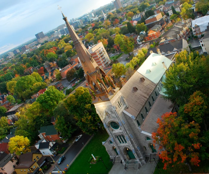 a view of a church tower from above