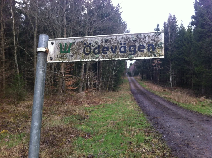 a road sign stands on a dirt path