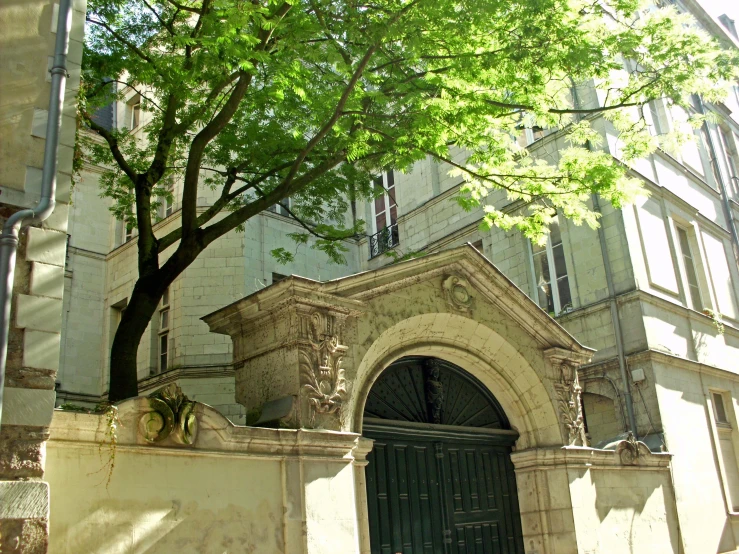 an old building with a massive arch and a tree