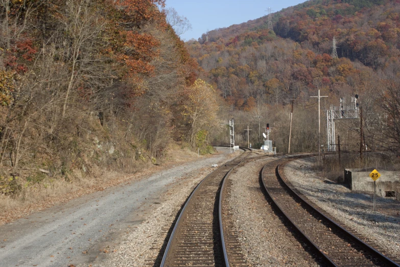 an empty track with trees on each side and a mountain in the distance