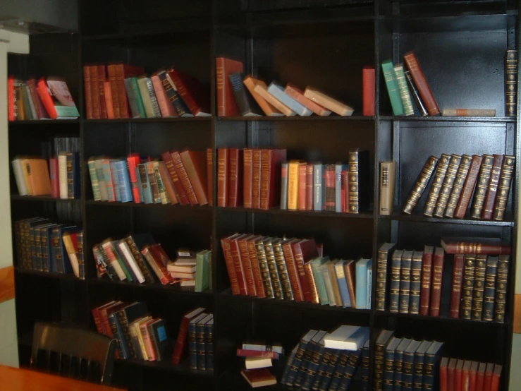 a bookcase that has several books on it