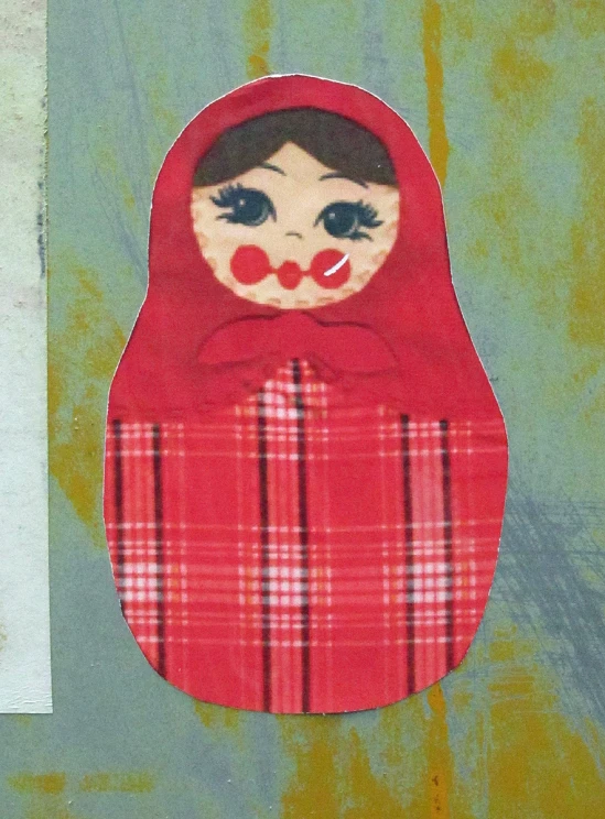 a painting of a doll wearing a red hoodie