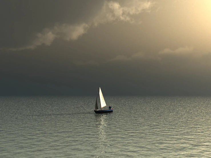 a single sailboat floating in the ocean on a cloudy day