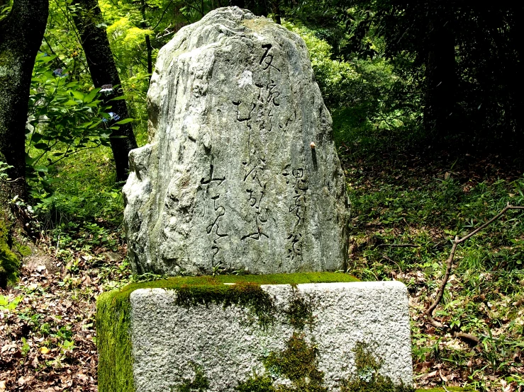 a large rock sitting in the middle of a green field