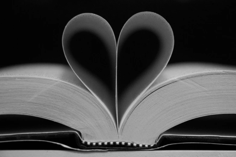 an open book with a heart shape on the pages