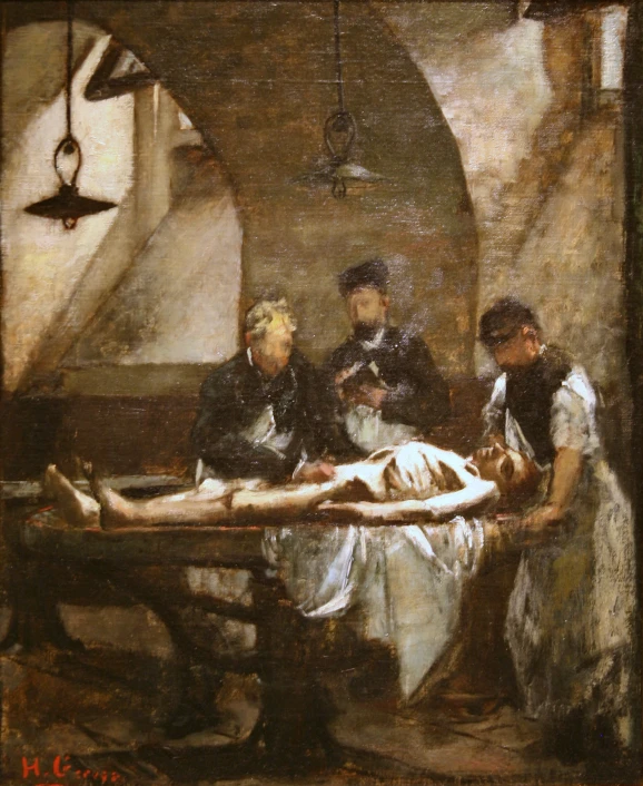 this painting depicts a woman laying in a hospital and doctors talking