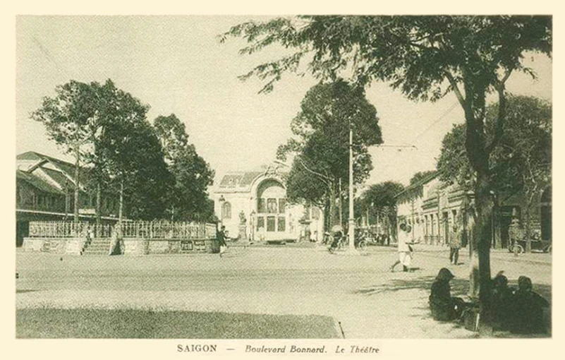 a building and trees in an old po