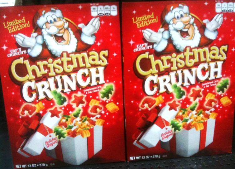 two packages of christmas crunch for sale on a shelf