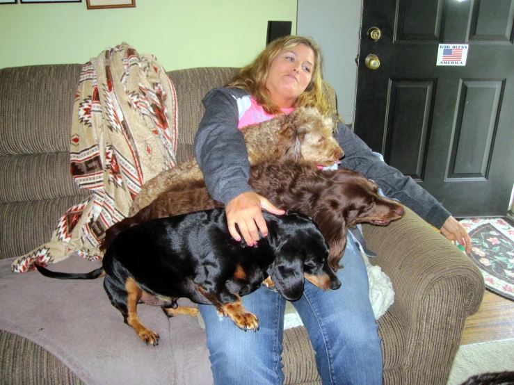 a woman is sitting on the couch with two dogs