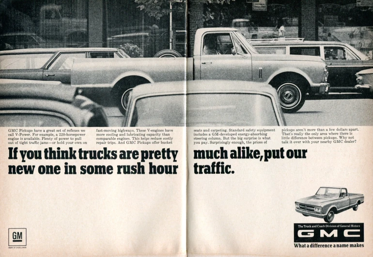 an old car ad from the 1970's and featuring trucks