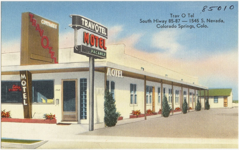 postcard with the corner restaurant and sign from a motel