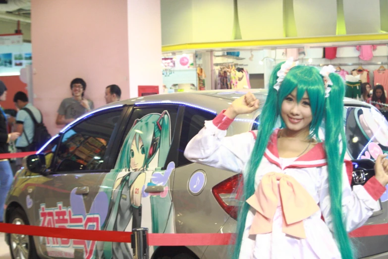 an asian girl with green hair next to a car