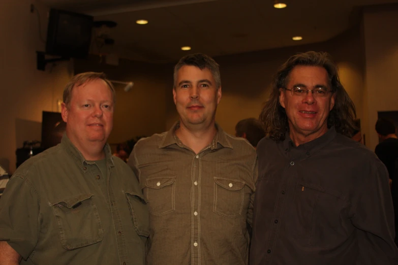 two men and one is wearing a brown shirt