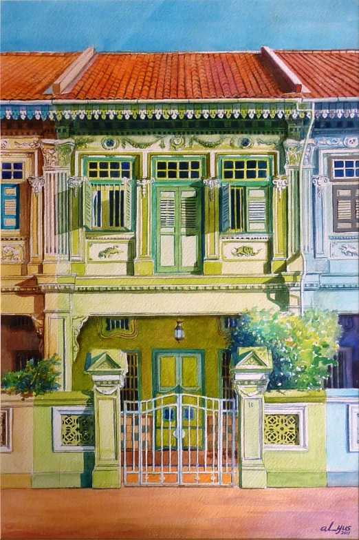 a painting of a house painted in pastel colors