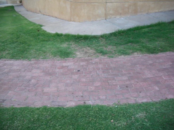 a brick sidewalk with grass growing next to it